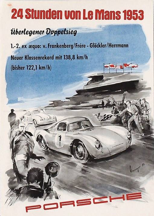 1953 poster Porsche mettant en avant l'arrivée ex-aequo