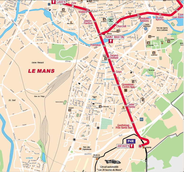 plan du tram vers le circuit vers le circuit du Mans
