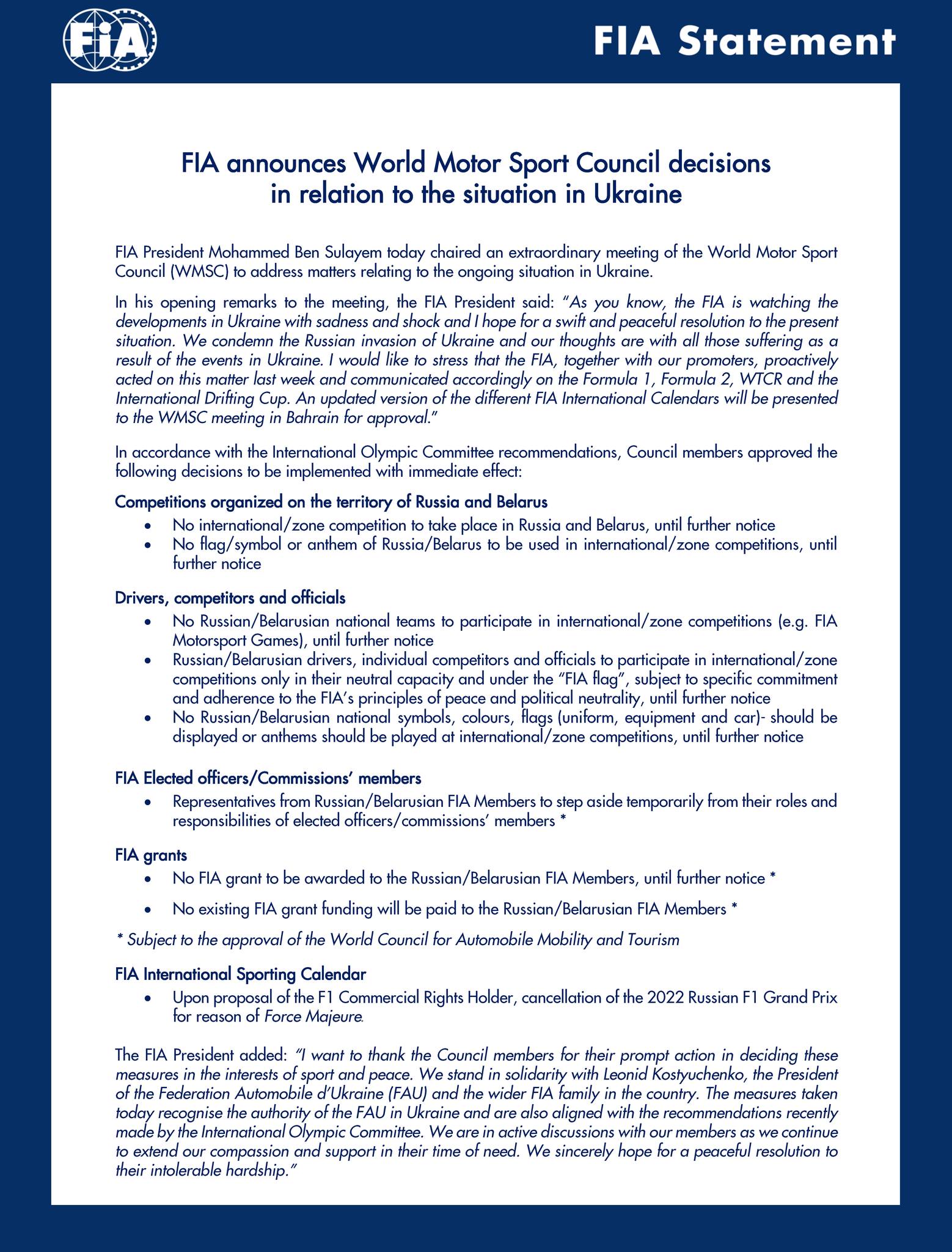 FIA décisions Ukraine